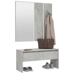 Stylish Hallway Furniture Set in Concrete Grey | Engineered Wood | Mirror and Coat Rack Included