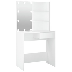 White Dressing Table with LED Lights, 74.5x40x141 cm – Elegant Makeup Vanity with Storage Drawer and Open Shelves