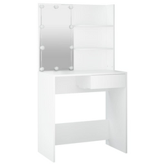 White Dressing Table with LED Lights, 74.5x40x141 cm – Elegant Makeup Vanity with Storage Drawer and Open Shelves