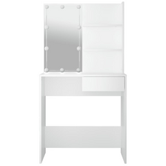 White Dressing Table with LED Lights, 74.5x40x141 cm – Elegant Makeup Vanity with Storage Drawer and Open Shelves