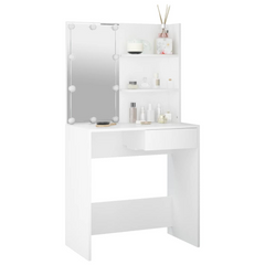 White Dressing Table with LED Lights, 74.5x40x141 cm – Elegant Makeup Vanity with Storage Drawer and Open Shelves