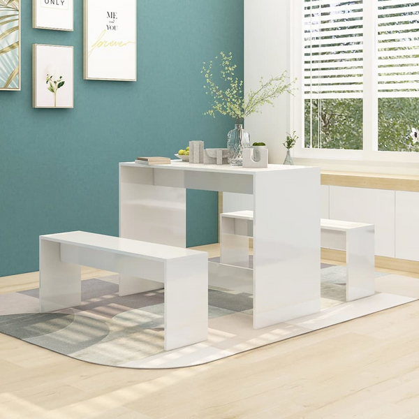 3 Piece Dining Set - High Gloss White - Engineered Wood