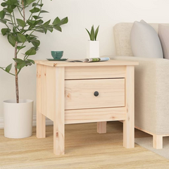 Solid Pine Wood Side Table with Drawer - 40x40x39 cm