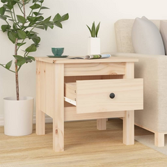 Solid Pine Wood Side Table with Drawer - 40x40x39 cm