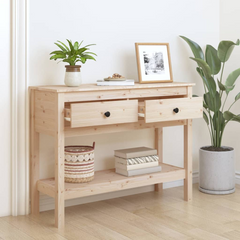 Rustic Solid Wood Pine Console Table - 100x35x75 cm with Drawers and Shelf - Classic Entryway and Living Room Accent