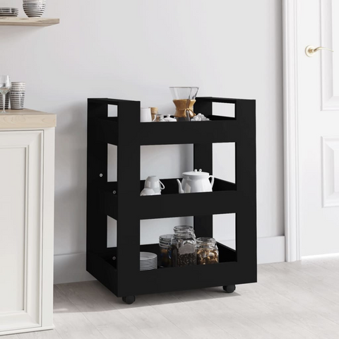 Black Kitchen Trolley - 60x45x80 cm - Durable Engineered Wood Storage Cart with Wheels and Shelves