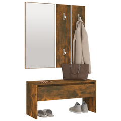 Smoked Oak Hallway Furniture Set – Elegant Engineered Wood Bench with Drawer & Coat Rack Panels