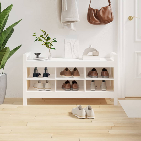 Solid Wood Pine Hall Shoe Bench in White - 110x40x60 cm | Stylish & Functional Entryway Storage