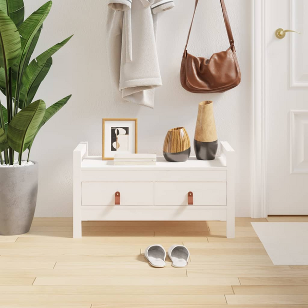 Solid Wood Pine Hall Bench in White - 80x40x43 cm | Elegant Entryway Storage with 2 Drawers