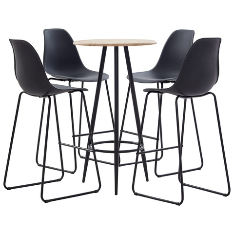 5 Piece Bar Set - Modern Black Plastic Pub Chairs & Oak MDF Bar Table