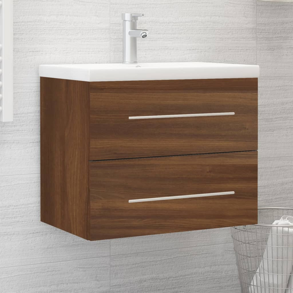 Engineered Wood Sink Cabinet with Built-in Ceramic Basin, Brown Oak - Compact Bathroom Storage Solution