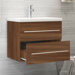 Engineered Wood Sink Cabinet with Built-in Ceramic Basin, Brown Oak - Compact Bathroom Storage Solution