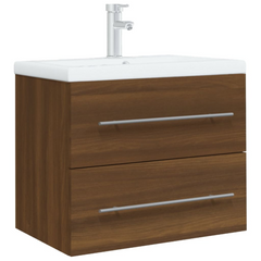 Engineered Wood Sink Cabinet with Built-in Ceramic Basin, Brown Oak - Compact Bathroom Storage Solution