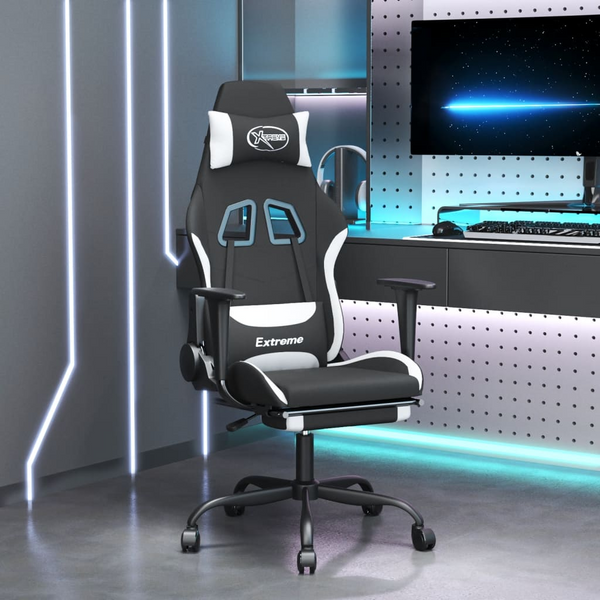 Ultimate Gaming Chair with Footrest - Black & White Fabric, Adjustable Comfort