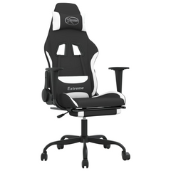 Ultimate Gaming Chair with Footrest - Black & White Fabric, Adjustable Comfort