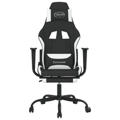 Ultimate Gaming Chair with Footrest - Black & White Fabric, Adjustable Comfort