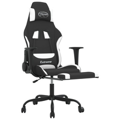 Ultimate Gaming Chair with Footrest - Black & White Fabric, Adjustable Comfort