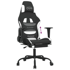 Ultimate Gaming Chair with Footrest - Black & White Fabric, Adjustable Comfort