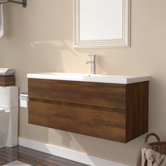 Brown Oak Engineered Wood Sink Cabinet with Built-In Basin - Modern Bathroom Storage Solution