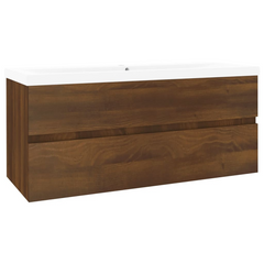 Brown Oak Engineered Wood Sink Cabinet with Built-In Basin - Modern Bathroom Storage Solution