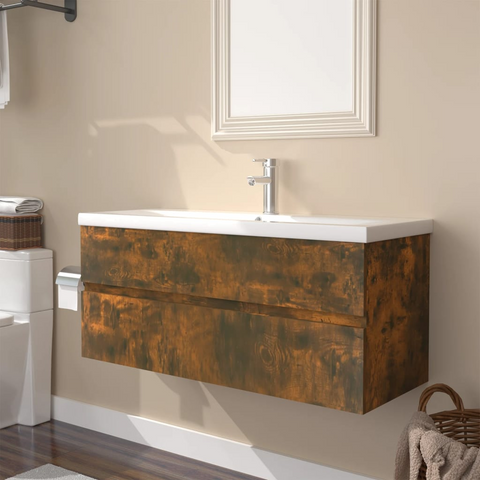 Smoked Oak Sink Cabinet with Built-in Ceramic Basin - Stylish & Functional Bathroom Storage Solution