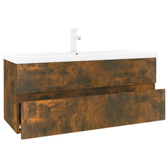 Smoked Oak Sink Cabinet with Built-in Ceramic Basin - Stylish & Functional Bathroom Storage Solution