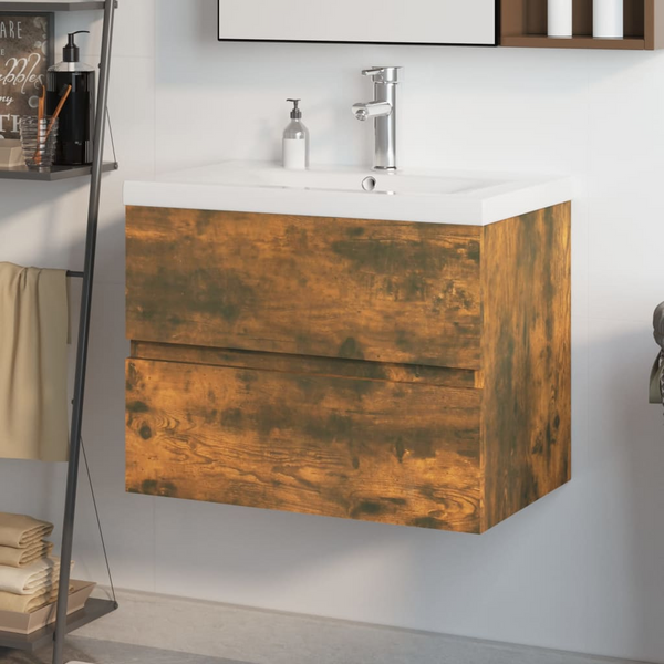 Sink Cabinet with Built-in Basin in Smoked Oak - Engineered Wood, Modern Bathroom Vanity