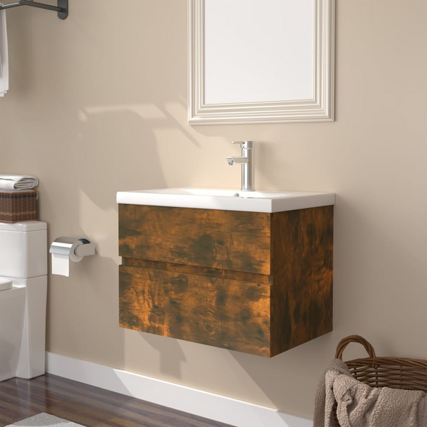 Sink Cabinet with Built-in Basin in Smoked Oak Engineered Wood - Stylish & Practical Bathroom Storage Solution