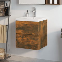 Sink Cabinet with Built-in Basin - Smoked Oak Engineered Wood, Wall-Mounted Bathroom Storage Solution