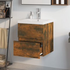 Sink Cabinet with Built-in Basin - Smoked Oak Engineered Wood, Wall-Mounted Bathroom Storage Solution