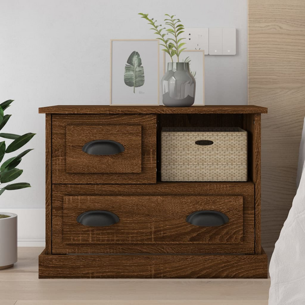 Rustic Brown Oak Bedside Cabinet with Ample Storage - 60x39x45 cm