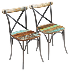 Solid Reclaimed Wood Dining Chairs - Set of 2, Vintage Multi-Color, Handmade with Steel Frame