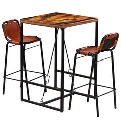 Bar Set - 3 Pieces: Solid Reclaimed Wood & Genuine Goat Leather - Industrial Vintage Style, Durable & Unique Bar Table and Chairs for Kitchens & Dining Rooms