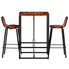 Bar Set - 3 Pieces: Solid Reclaimed Wood & Genuine Goat Leather - Industrial Vintage Style, Durable & Unique Bar Table and Chairs for Kitchens & Dining Rooms