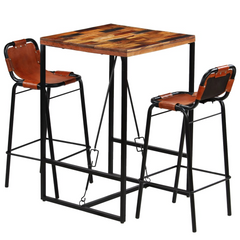 Bar Set - 3 Pieces: Solid Reclaimed Wood & Genuine Goat Leather - Industrial Vintage Style, Durable & Unique Bar Table and Chairs for Kitchens & Dining Rooms