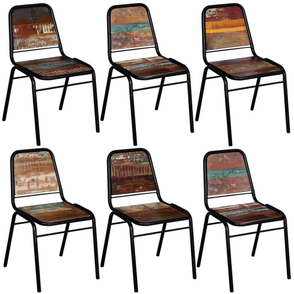 Set of 6 Vintage Solid Reclaimed Wood Dining Chairs with Powder-Coated Steel Frame