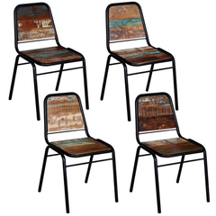 Set of 4 Antique-Style Dining Chairs in Solid Reclaimed Wood with Powder-Coated Steel Frame