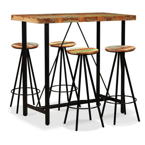 Industrial Bar Set - 5 Piece Set | Solid Reclaimed Wood | Stylish & Durable | Ideal for Home, Bar or Restaurant