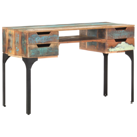 Solid Reclaimed Wood Desk with Iron Legs - 118x48x75 cm | Vintage Style Office Desk with Ample Storage