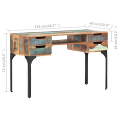 Solid Reclaimed Wood Desk with Iron Legs - 118x48x75 cm | Vintage Style Office Desk with Ample Storage