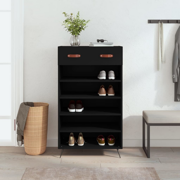 Black Shoe Cabinet – 60x35x105 cm, Modern Engineered Wood with Iron Feet & Faux Leather Handles