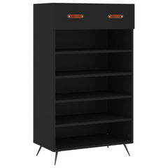 Black Shoe Cabinet – 60x35x105 cm, Modern Engineered Wood with Iron Feet & Faux Leather Handles