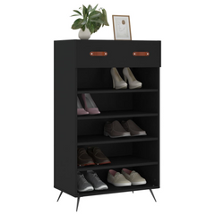 Black Shoe Cabinet – 60x35x105 cm, Modern Engineered Wood with Iron Feet & Faux Leather Handles