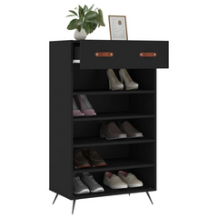 Black Shoe Cabinet – 60x35x105 cm, Modern Engineered Wood with Iron Feet & Faux Leather Handles