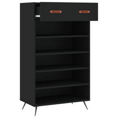 Black Shoe Cabinet – 60x35x105 cm, Modern Engineered Wood with Iron Feet & Faux Leather Handles