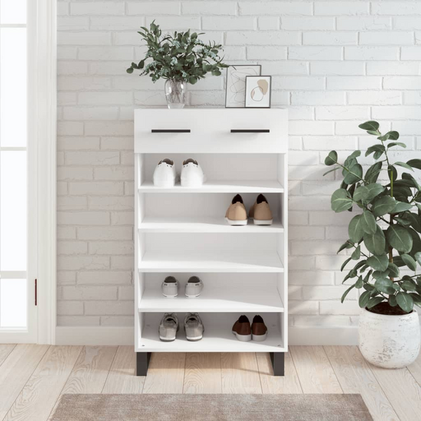 Stylish Shoe Cabinet in White - 60x35x105 cm | Engineered Wood with Ample Storage & Durable Iron Feet