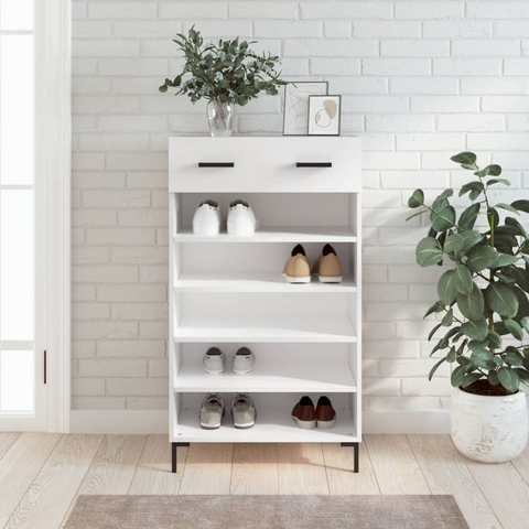 White Shoe Cabinet - 60x35x105 cm, Engineered Wood, Ample Storage with Drawer and Shelves, Modern Design