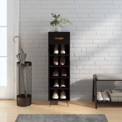 Black Shoe Cabinet - 5 Compartment & Drawer Storage - Engineered Wood - 30x35x105 cm