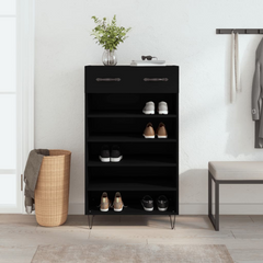 Black Engineered Wood Shoe Cabinet - 60x35x105 cm with Drawer and Open Compartments