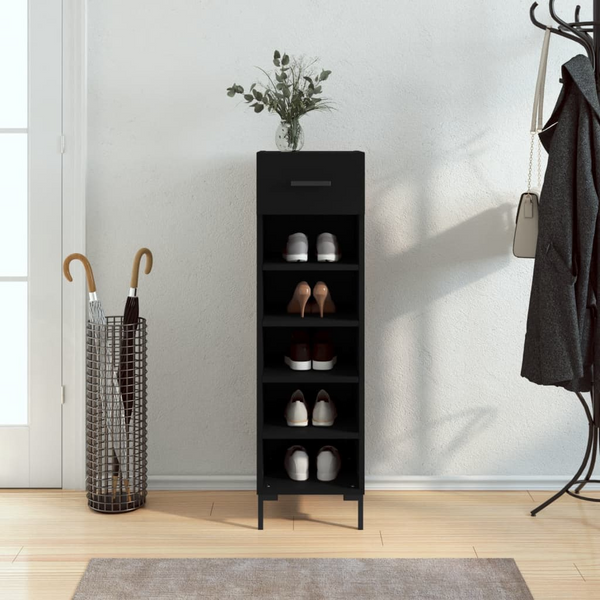 Black Shoe Cabinet - 30x35x105 cm, Engineered Wood with Industrial Iron Feet